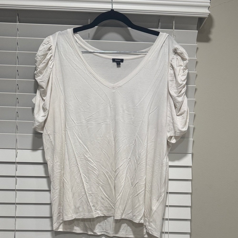 Express White V-Neck Ruched Sleeve Top Size L